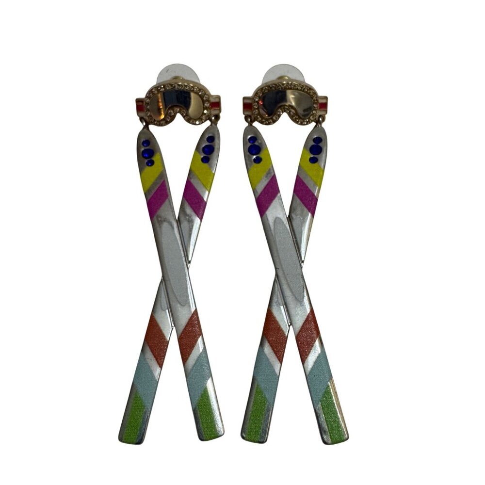 Ski Goggles & Crossed Skis Earrings Colorful Metal Crystal Accents Pre-Owned